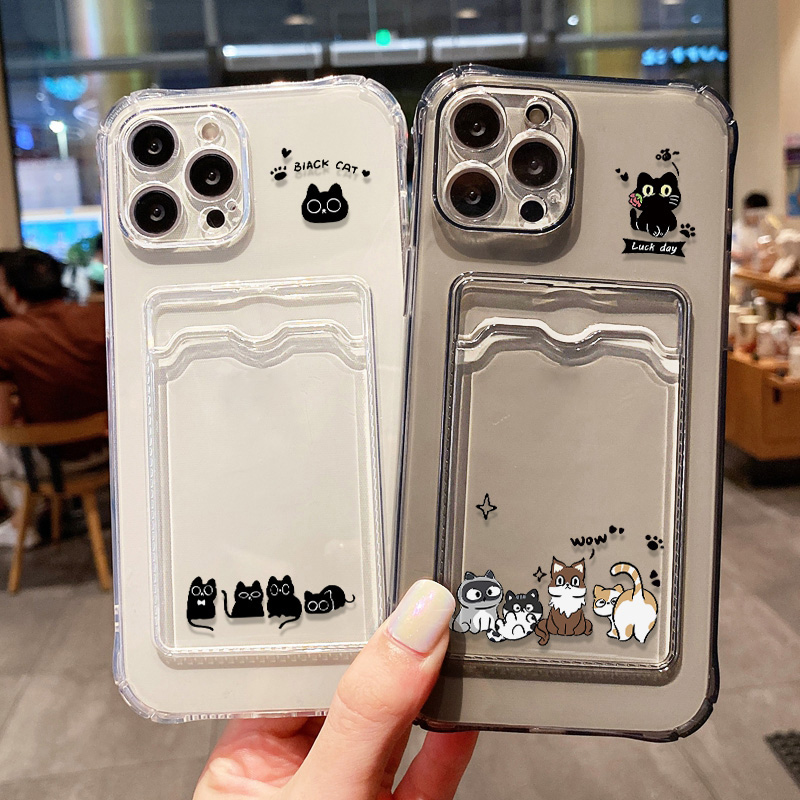 Phone Cases With Card Holder - Cute Black Cat Phone Case For