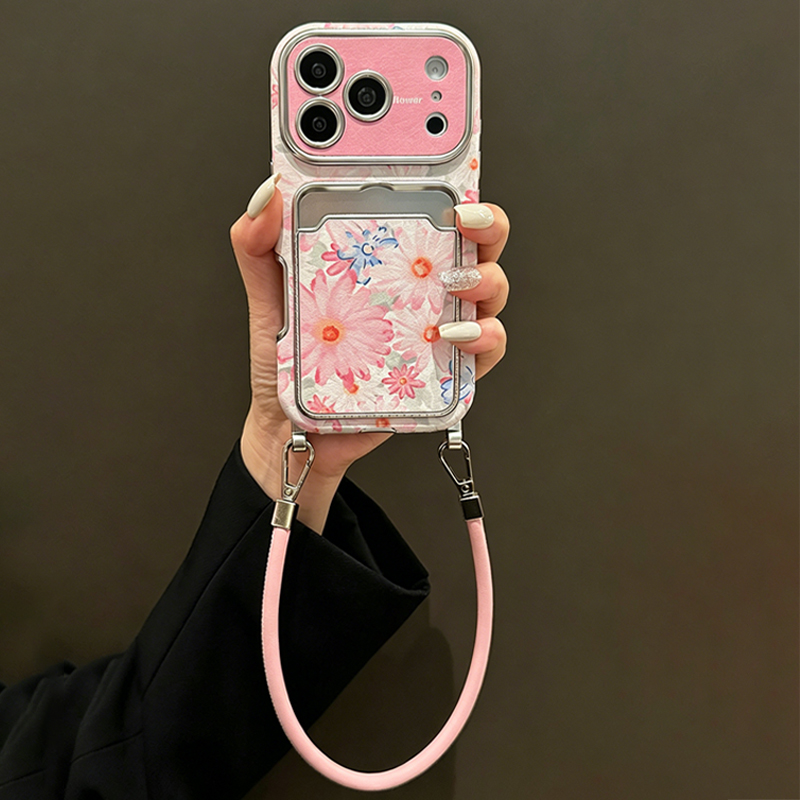 Pink Floral Faux Leather Textu - Phone Cases With Card Holder 评论和价格