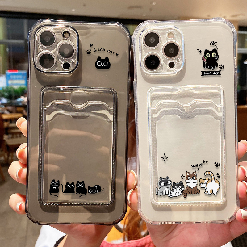 Cute Black Cat Phone Case For  - Phone Cases With Card Holder 评论和价格